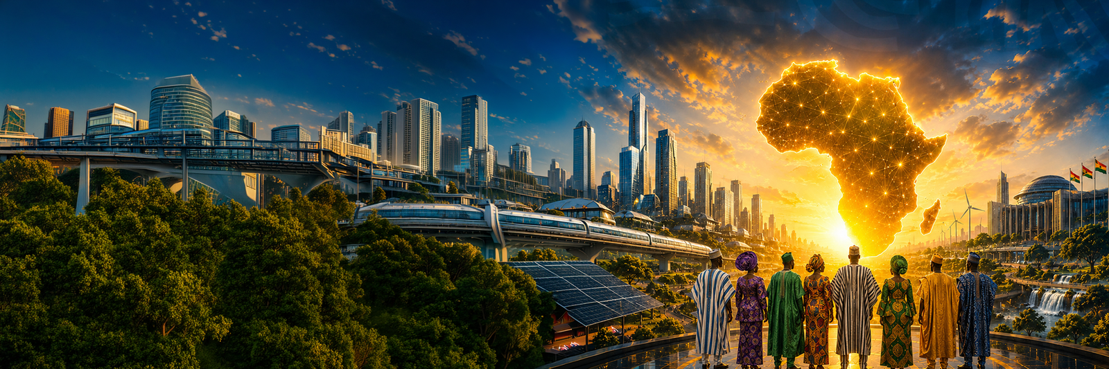 Futuristic African cityscape with leaders facing a luminous Africa map